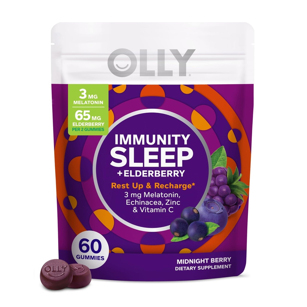 OLLY Immunity Sleep Gummy, immun and Sleep Support, 3 mg Melatonin, Echinacea, Zink, C-vitamin, Chewable Supplement, Berry - 60 Greve