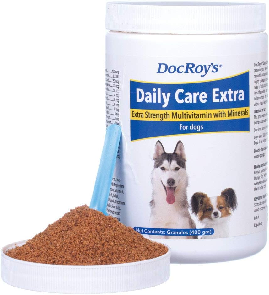 Doc Roy 's Daily Care Extra, Advanced Multivitamin til hunde, understøtter energi, immunforsvar, muskel, ben og hjerne sundhed, giver vitaminer A C D3 E B kompleks, jern zink Magnesium jod, Lavet i USA 400 gm