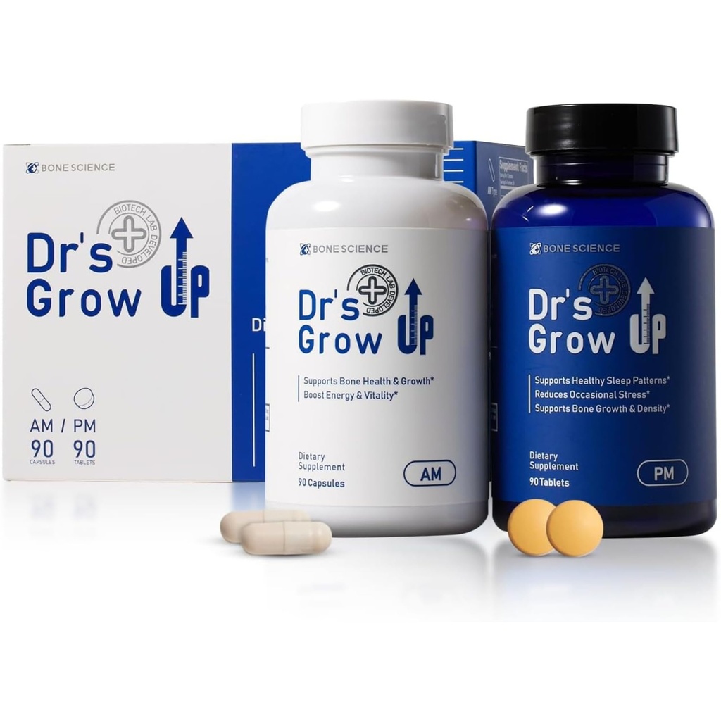 BONE VIDENSKAB - Dr 's Grow UP AM & PM - Premium Daily Nutritional Support for Kids & Teens, Bone & Joint Health, og immunforsvar, Morning & Night Formel - 90 kapsler & 90 tabletter