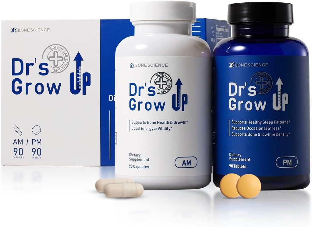 BONE VIDENSKAB - Dr 's Grow UP AM & PM - Premium Daily Nutritional Support for Kids & Teens, Bone & Joint Health, og immunforsvar, Morning & Night Formel - 90 kapsler & 90 tabletter