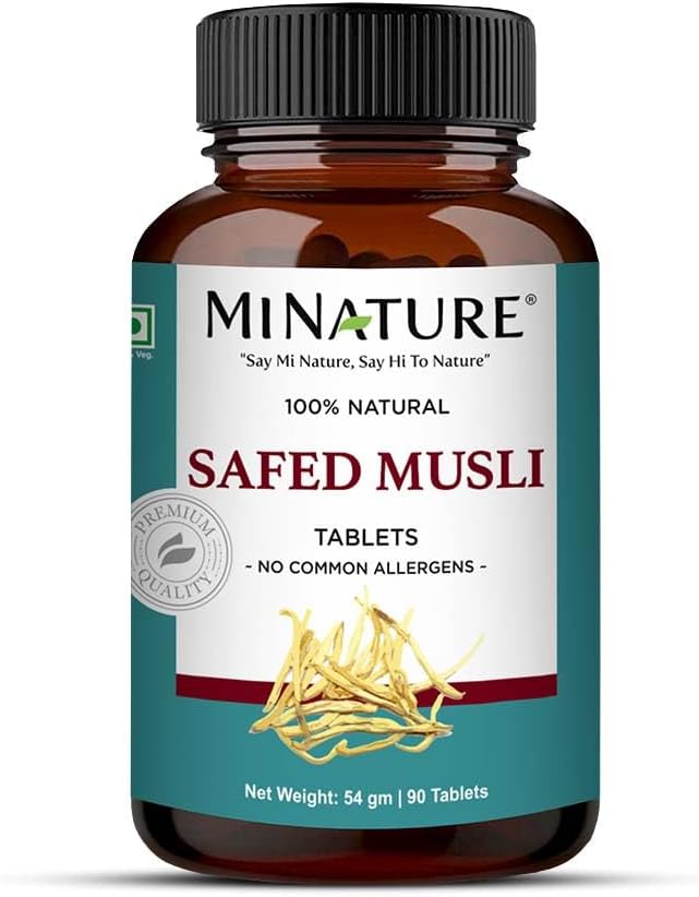 Safed Musli Tablets by mi Nature Measures 124; Pure & Natural Herb Measures 124; Free from Chemical & Preservative Measures 124; Plant Based Gluten Free Measures 124; 90 Tablet, 45 Days Supply 1000mg