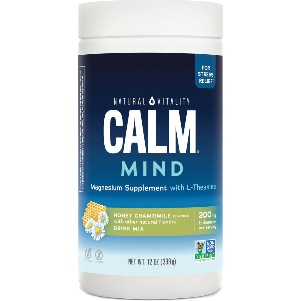 Naturlig Vitality rolig sind, Magnesium Citrate + L- Theanin pulver, Understøtter en sund reaktion på stress, Gluten Free & Vegetarian, Honning Kamille, 12 oz.