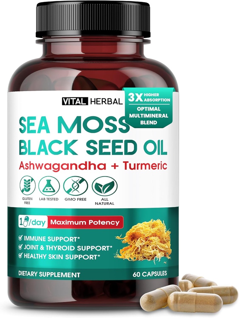 Sea Moss med Black Seed Oil, Ashwagandha, Gurkemeje & Moringa - Immun, Joint & Skin Support Supplement - 60 kapsler - Vital Herbal - Lab- Testet, Non- GMO, Made in USA