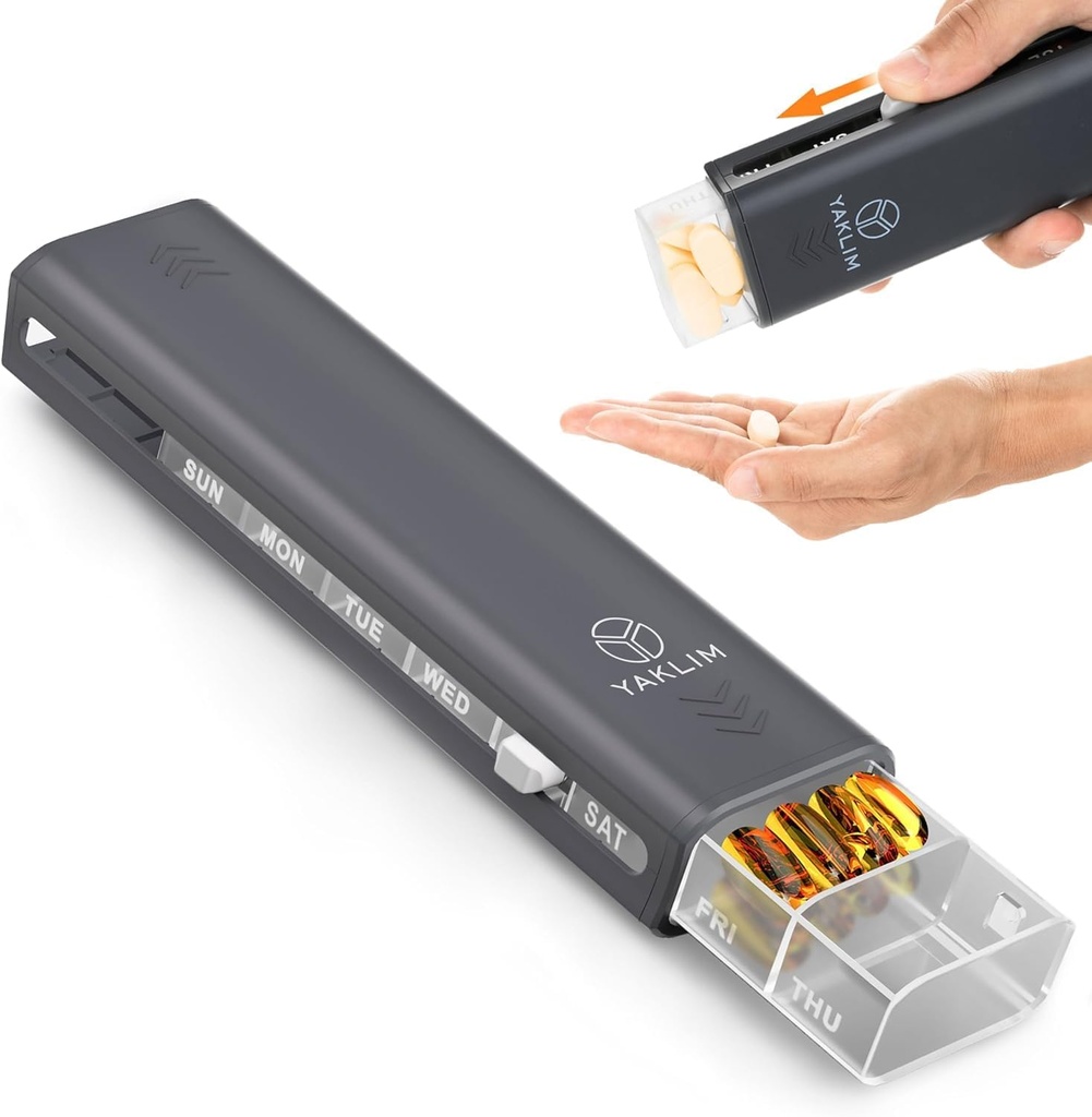 Yaklim Weekly Pill Organizer 7 dag, Stor Compact Daily Pill Box Portable Travel Medication Pill Case, Pill Container for Vitamin, 1 uge Pill Organizer til at holde medicin, tillæg, Fish Oil (sort)