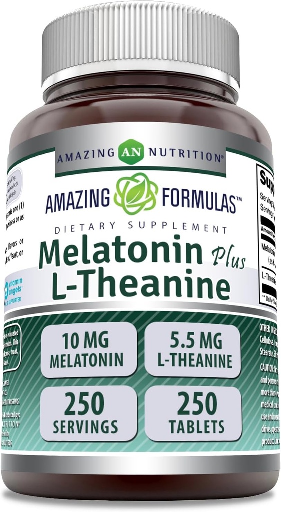 Amazing Formulas Melatonin Plus L- Theanine 10 mg tabletter Supplement 124; Non- GRO- Gluten Free