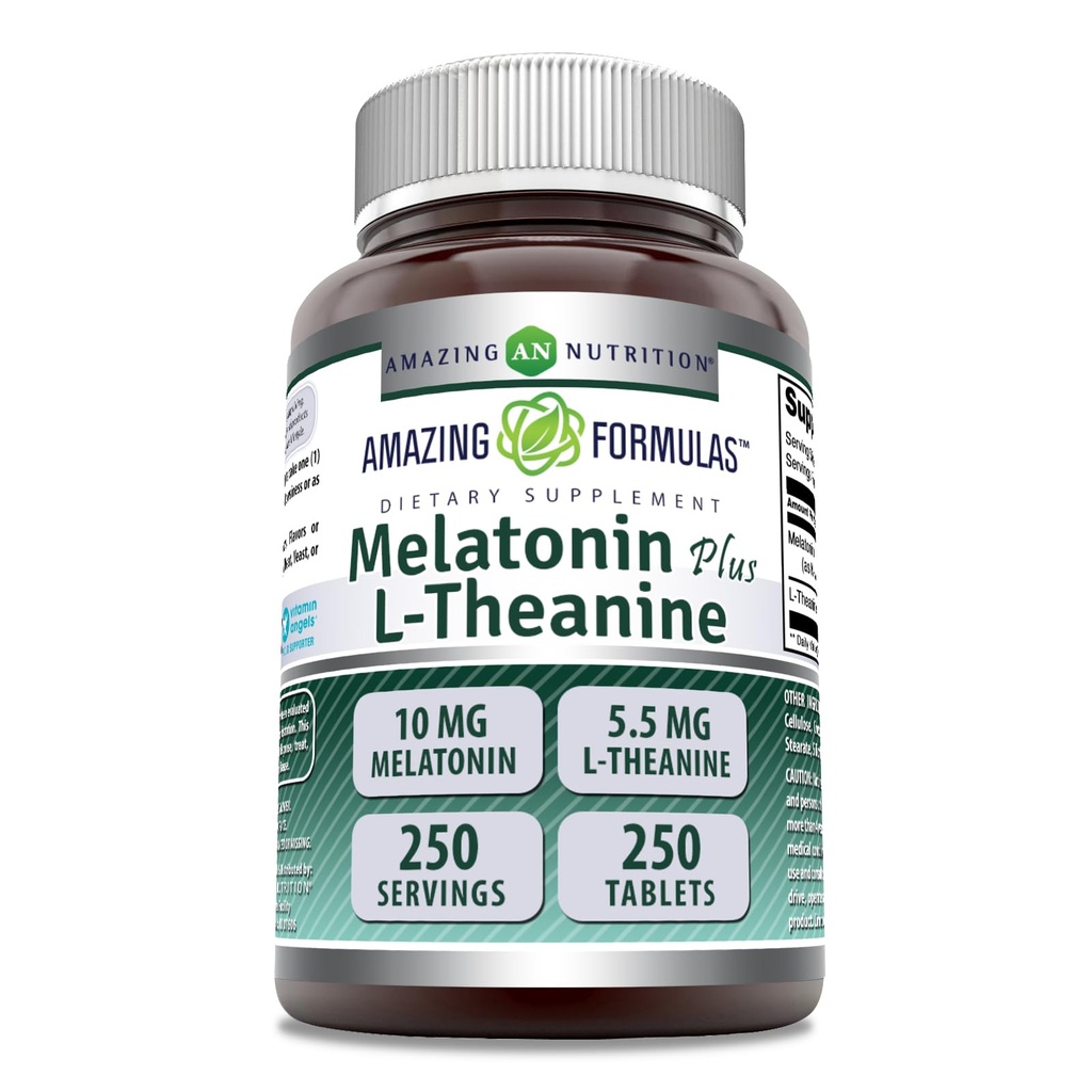 Amazing Formulas Melatonin Plus L- Theanine 10 mg tabletter Supplement 124; Non- GRO- Gluten Free
