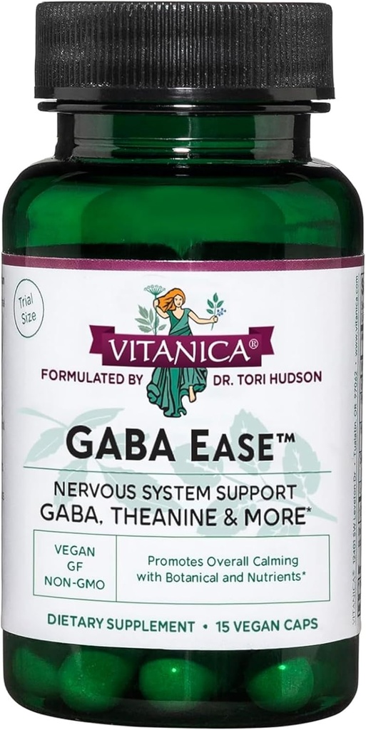 Vitanica GABA Ease - GABA & L- Theanine supplement til rolig & afslappende support - Kvinder sundhed supplement med GABA, Passionflower, Humle, Skullcap & L- Theanine - Consumer Line - 15 Vegan Caps