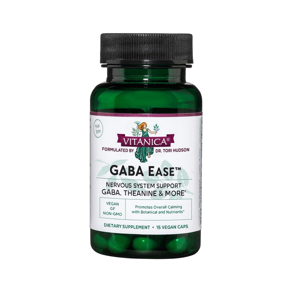 Vitanica GABA Ease - GABA & L- Theanine supplement til rolig & afslappende support - Kvinder sundhed supplement med GABA, Passionflower, Humle, Skullcap & L- Theanine - Consumer Line - 15 Vegan Caps