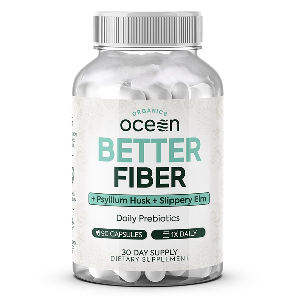 Organics Ocean Better Fiber - Daily Fiber Supplement - Sharey Afføring for Effors tarmbevægelser - med Psyllium Hulk og Slippery Elm - 90 Kapsler