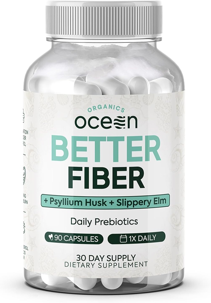Organics Ocean Better Fiber - Daily Fiber Supplement - Sharey Afføring for Effors tarmbevægelser - med Psyllium Hulk og Slippery Elm - 90 Kapsler