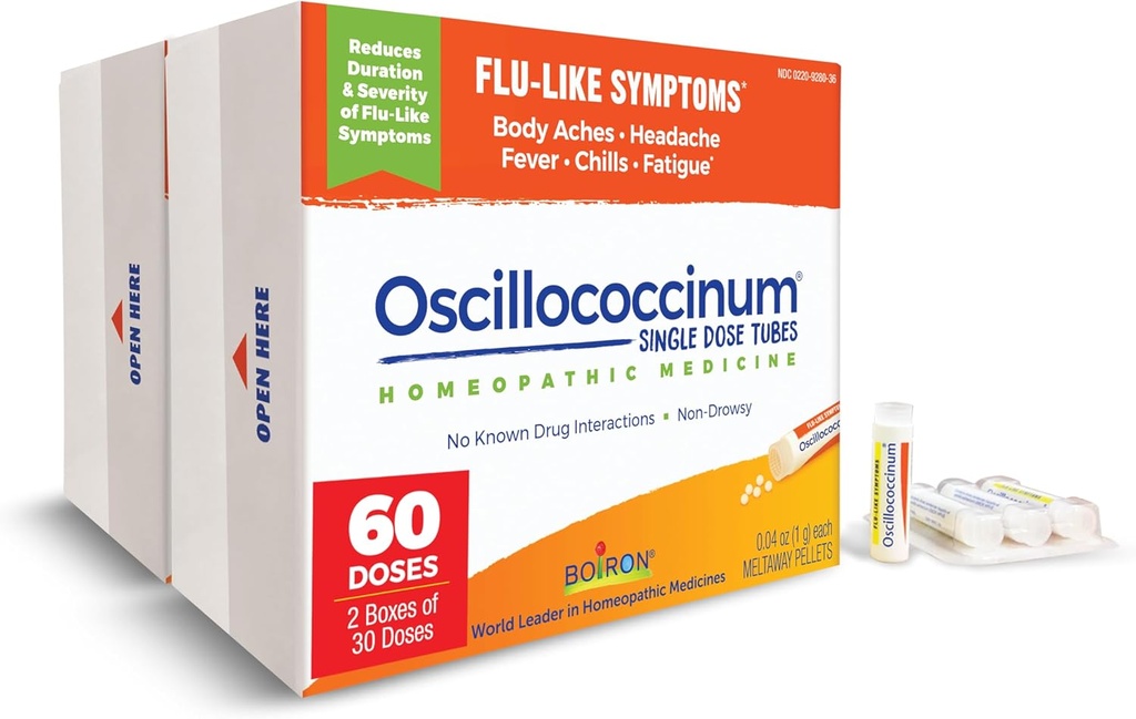 Boiron Oscillococcinum til lindring fra Flu- Like Symptomer på Body Aches, Hovedpine, Feber, Kulderystelser og Træthed - 60 doser (pakke med 2)