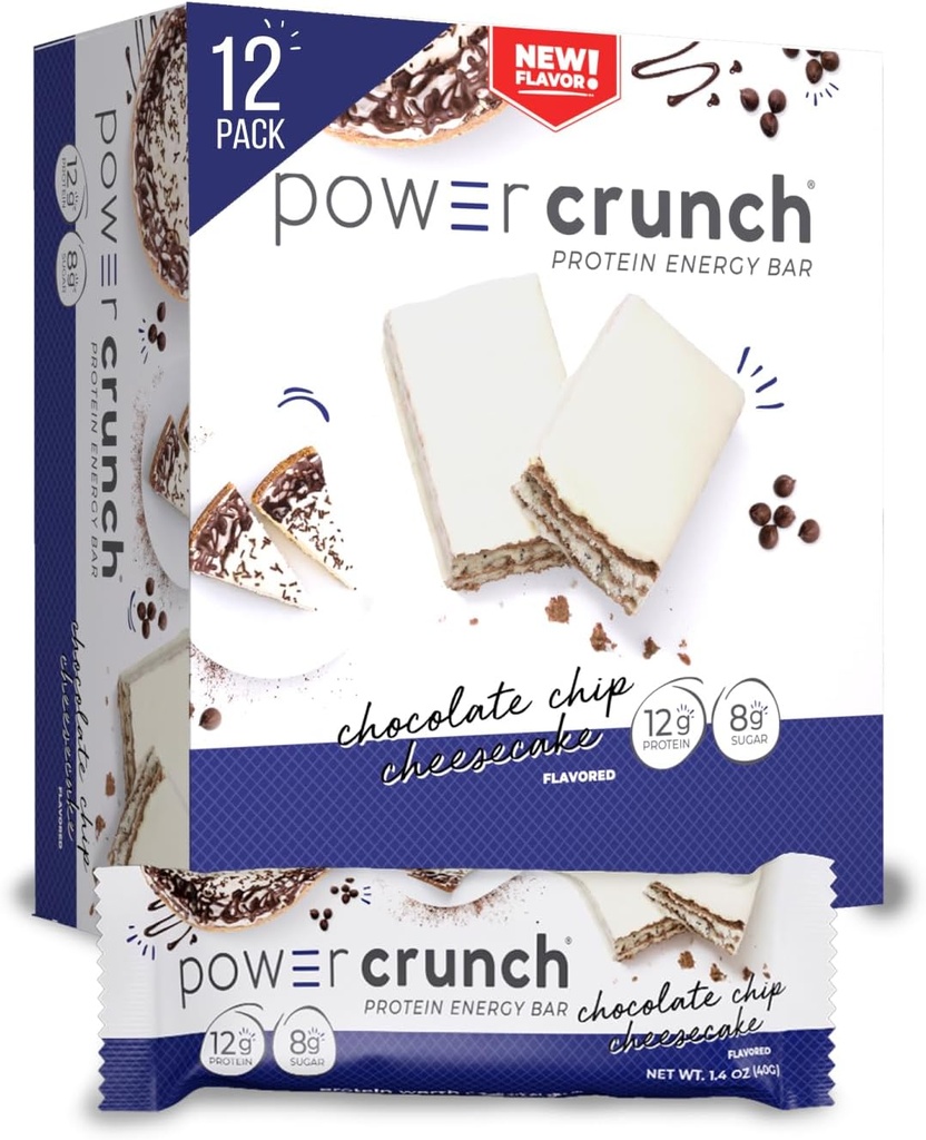 Power Crunch Protein Wafer Bars, High Protein Snacks med lækker smag, Chokolade Chip Cheesecake, 1.4 Ounce (12 Greve)