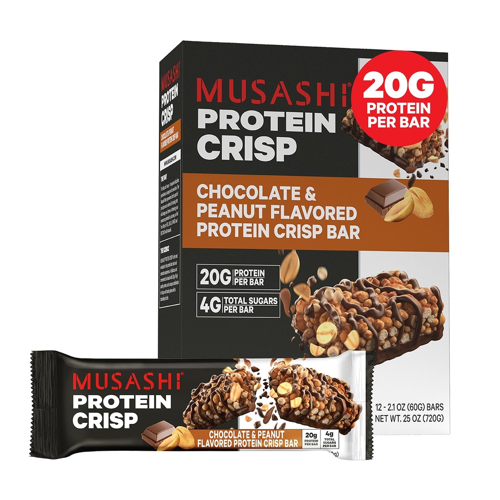 MUSASHI Protein Crisp Bar, 20g Protein, 4g Total sukkerarter, Chokolade & Jordnødder, Post Workout og Snack On Go, 12 pakke med 2.1oz (60g) Barer