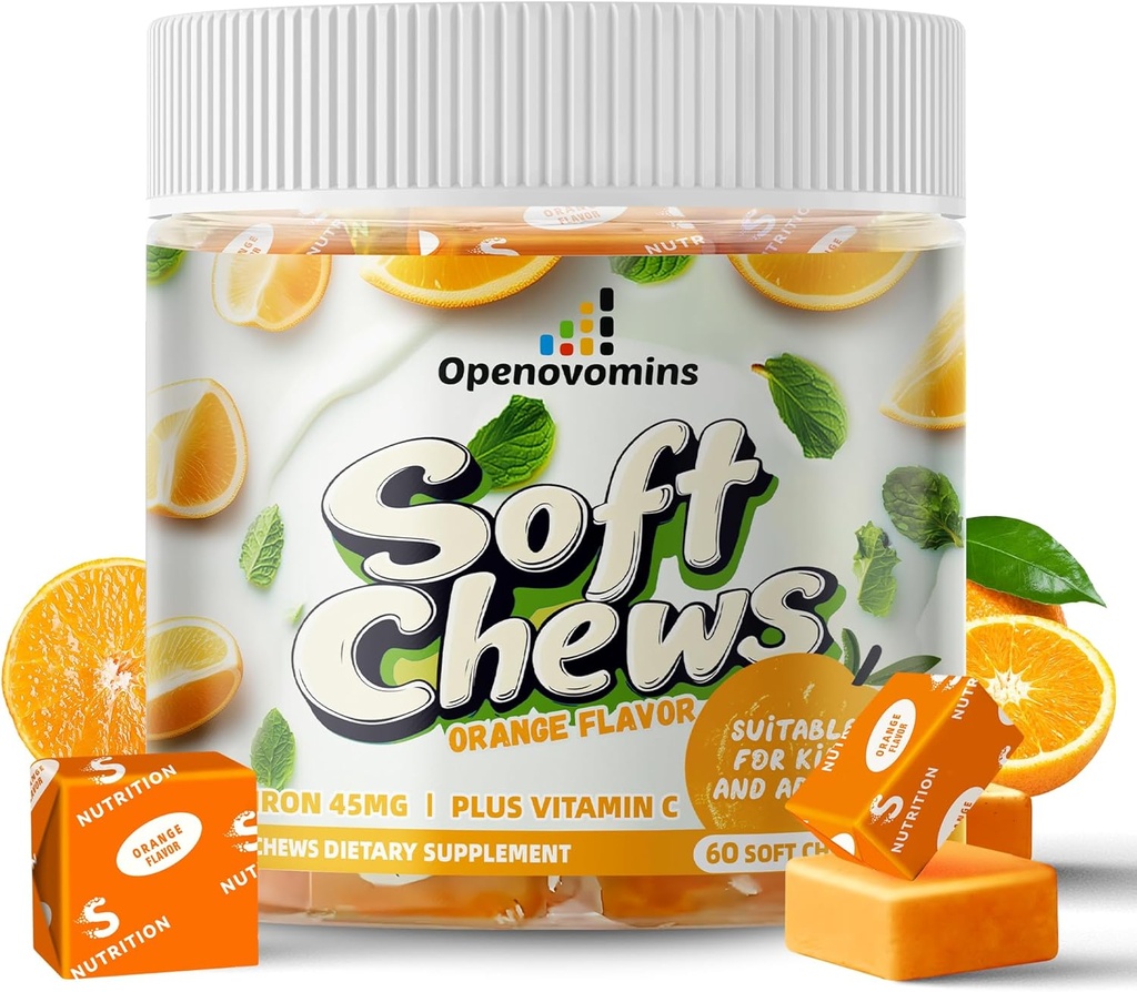 Iron Supplement Tygge med C-vitamin til kvinder Mænd og børn, Natural Vegan Iron Soft Chew med B6-vitamin, B12, D, Calcium & Zink - Energistøtte, 60 Orange SoftChews, 2 Måned Supply