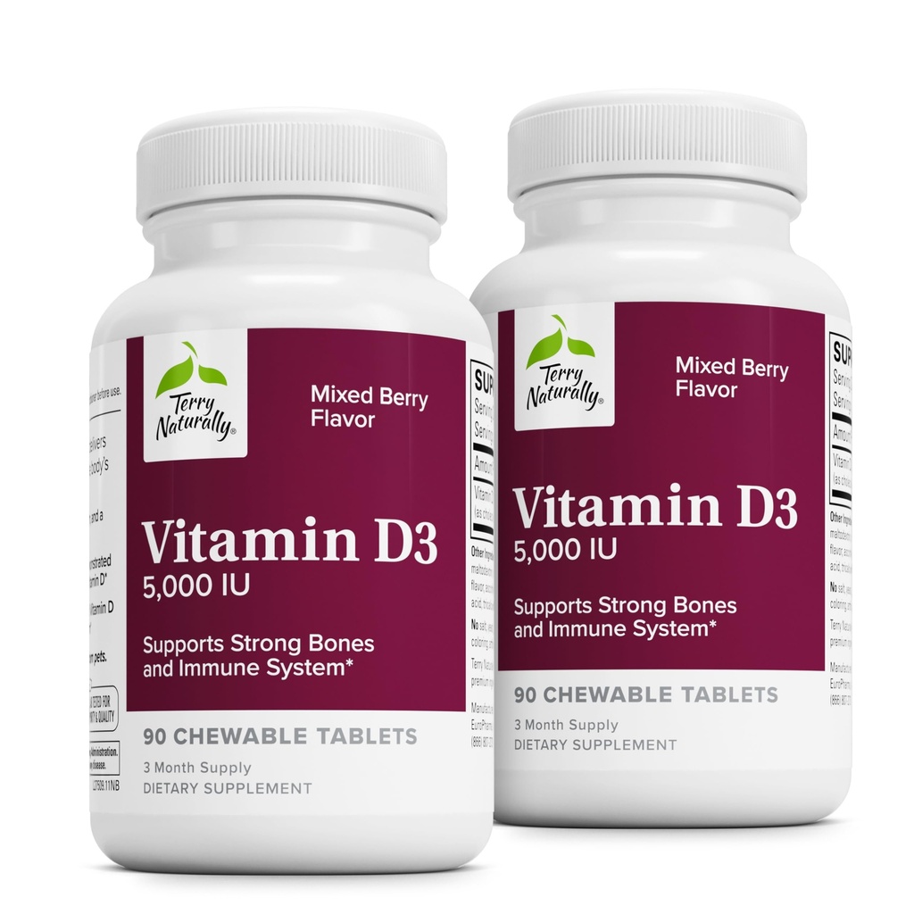 Terry naturligt vitamin D3 - ben sundhed & ben styrke Support - immunsystemet & hjerne support - 5.000 IE vitamin D tabletter med blandet berry flavor - 90 tyggetabletter (pakke med 2)