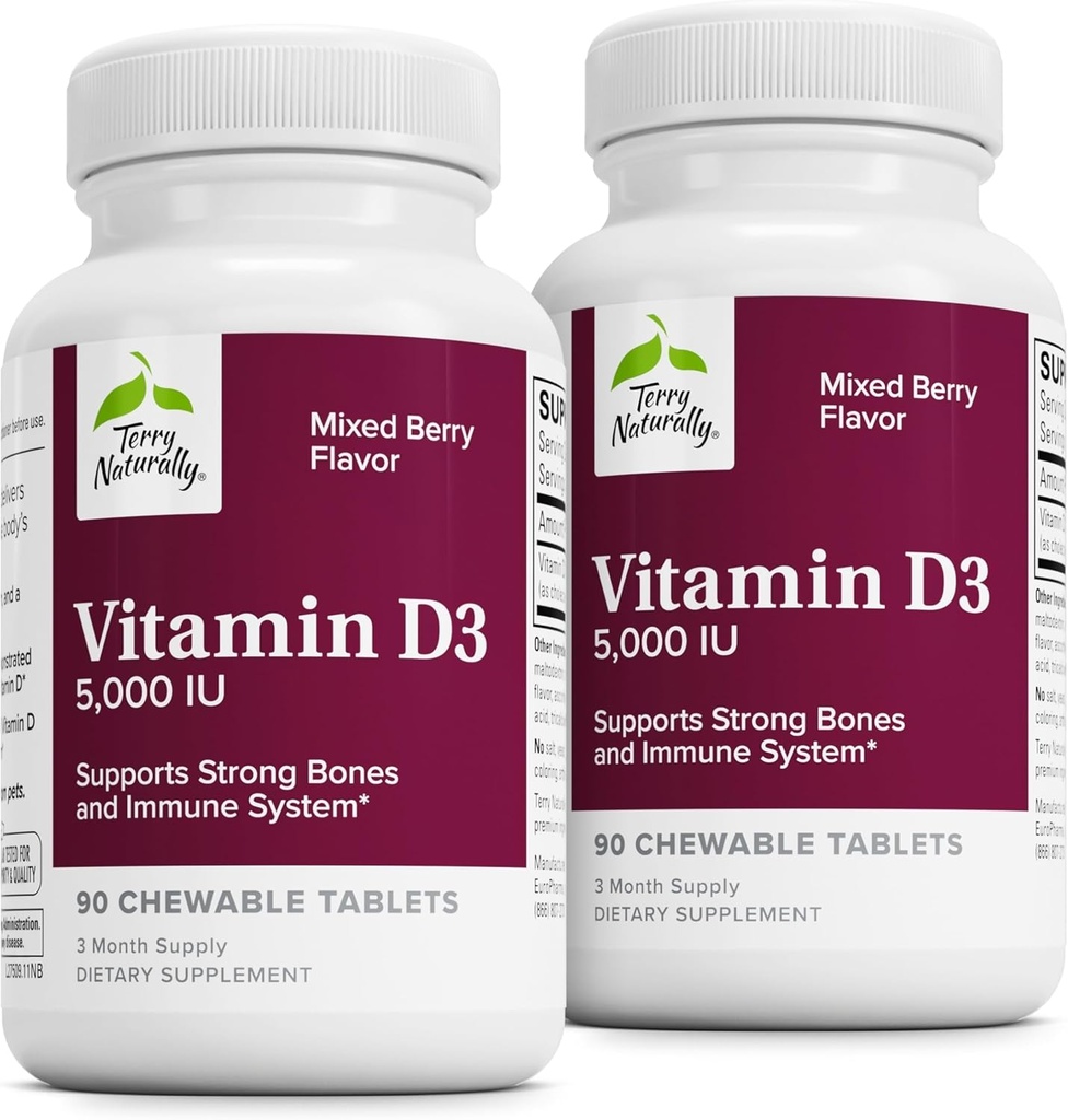 Terry naturligt vitamin D3 - ben sundhed & ben styrke Support - immunsystemet & hjerne support - 5.000 IE vitamin D tabletter med blandet berry flavor - 90 tyggetabletter (pakke med 2)