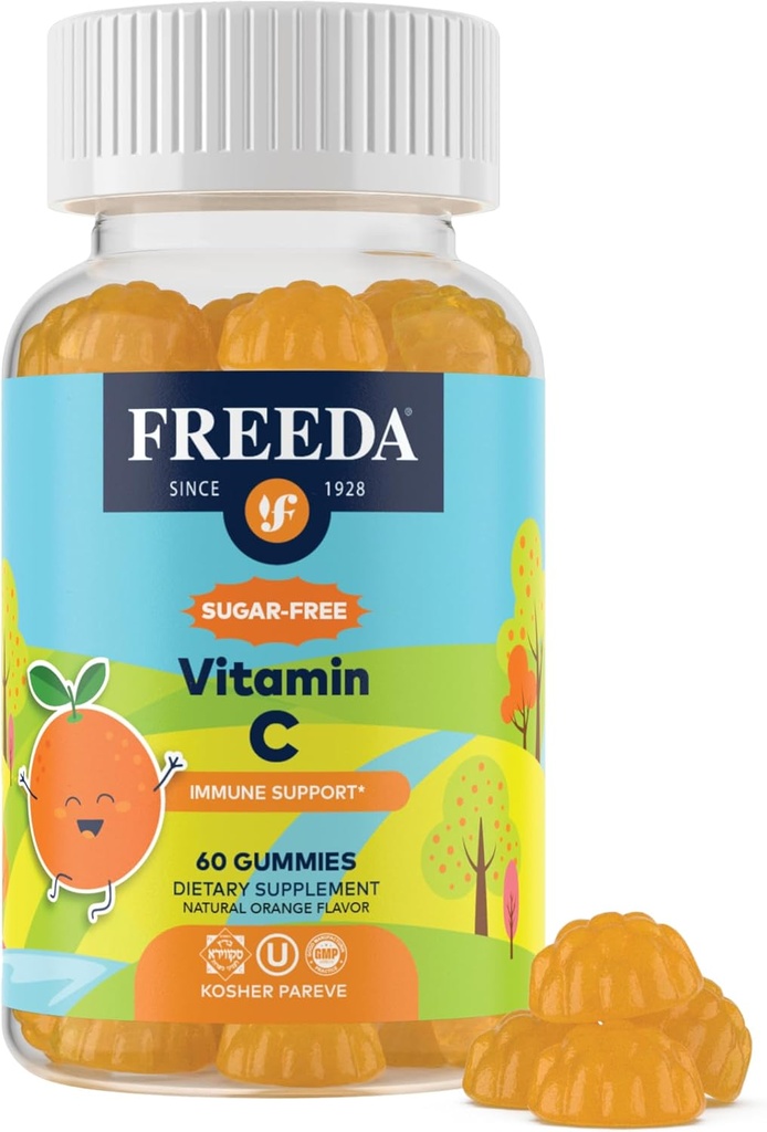 FREEDA-vitamin C Kids Vitamin C Gummies - Kids Sugar Free VIT C Gummy Chewable for adult, Teens & Children - Certificeret Kosher, Lækker Orange Flavor, Zero Sugar immunsupport Support Supplement (60 Ct)