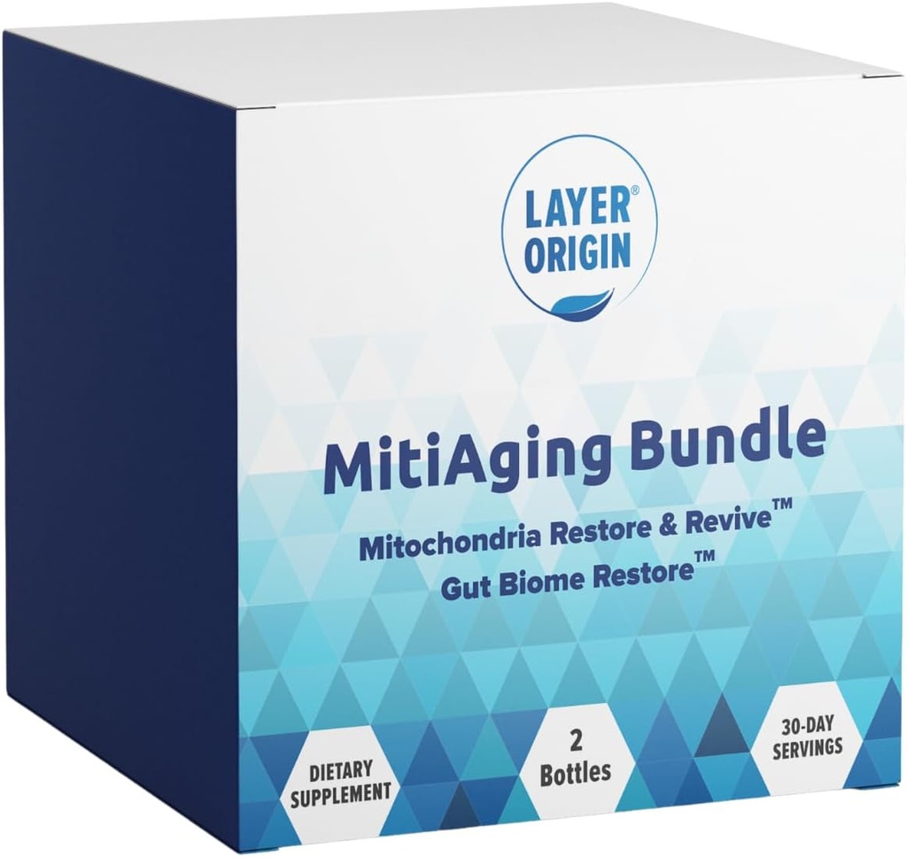 Layer Oprindelse Mitiging Bundle, Anti- Aging 2 -Flaske Pack: Gut Biome Gendanne og Mitokondria Revive - Boost Cellular Health naturligt, 30 dages forsyning