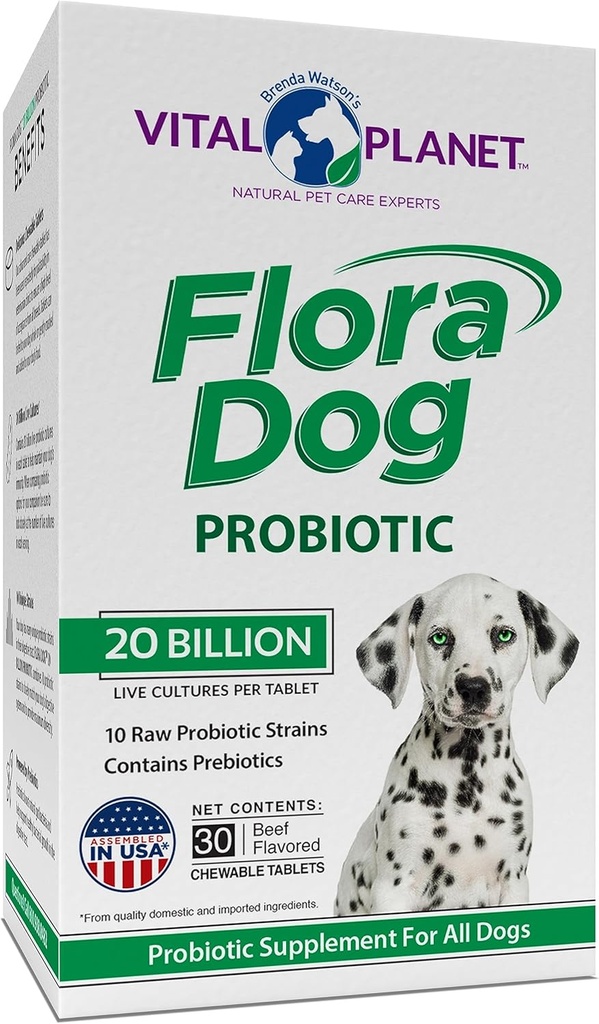 Vital Planet - Flora Hund Probiotiske Chewable Tablets Supplement med 20 Millioner Kulturer og 10 Stammer, Høj Potency Immunitet og fordøjelsesstøtte Probiotika til hunde, 30 Beef Flavored Chewable Tablets