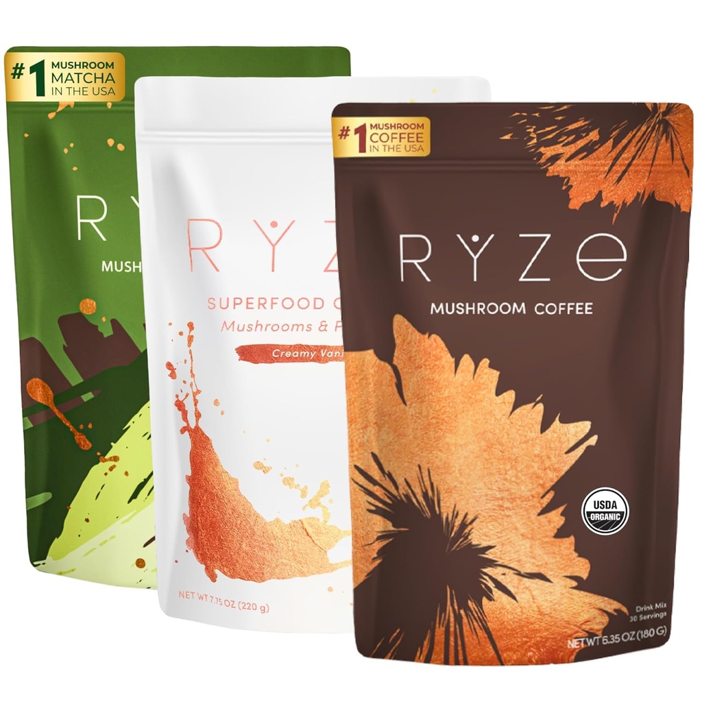 RYZE SUPERFOODS Ultimate Energy Bundle, USDA Organic Mushroom Coffee & Mushroom Matcha + Probiotic Creamer med 6 Adaptogen Svampe for bedre energi, Fokus, fordøjelse, Immunitet, 30 servering hver