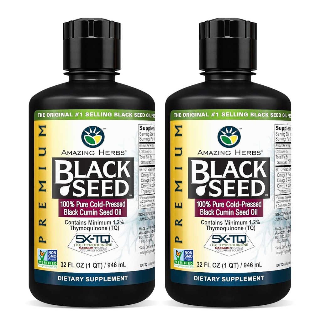 Amazing Herbs Premium Black Seed Oil - Cold Pressed Nigella Sativa aids i fordøjelsessygdomme, immunforsvar, hjernefunktion, fælles mobilitet, Gluten Free, Non GMO - 32 Fl Oz (Pack of 2)