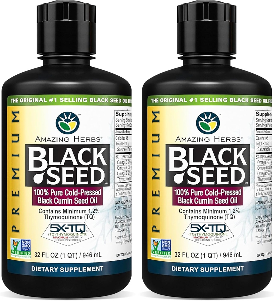 Amazing Herbs Premium Black Seed Oil - Cold Pressed Nigella Sativa aids i fordøjelsessygdomme, immunforsvar, hjernefunktion, fælles mobilitet, Gluten Free, Non GMO - 32 Fl Oz (Pack of 2)