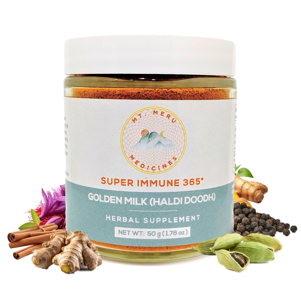 Mt.Meru Medicines Ayurvedic Haldi Doodh / Golden Milk Superblend- with immune Boosting Formel, Gluten- Free, for Brain Health, Gut Support with High Curcumin Lakadong Turmeric (1.76oz / 50g)