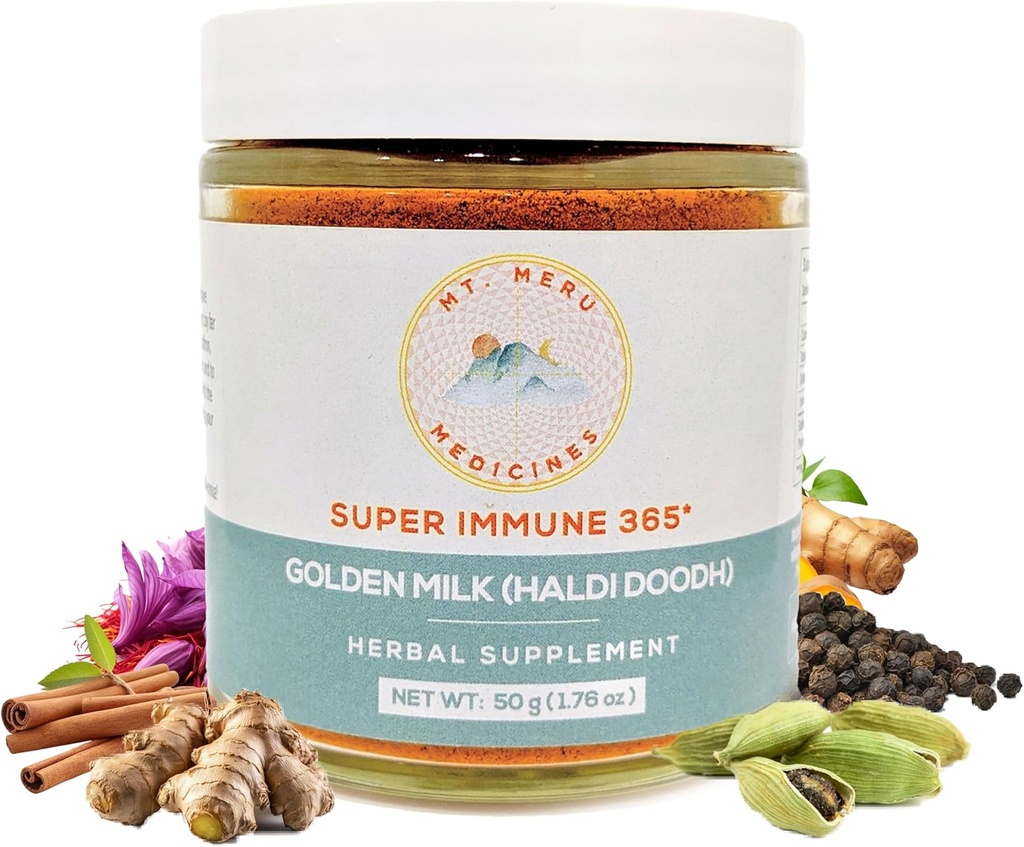Mt.Meru Medicines Ayurvedic Haldi Doodh / Golden Milk Superblend- with immune Boosting Formel, Gluten- Free, for Brain Health, Gut Support with High Curcumin Lakadong Turmeric (1.76oz / 50g)