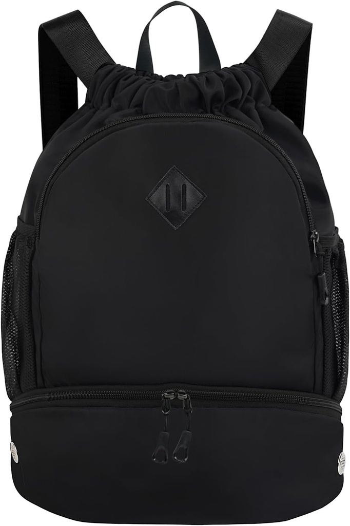 Løbegang rygsæk Gym rygsæk med Sko Segment for mænd Kvinder String sportstaske med Wet Pocket Cinch Swim Beach Bag, Sort (Patent venter)