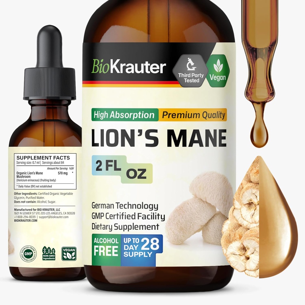 BIO KRAUTER Lions Mane Liquid Extract - Mushroom supplement til hjernestøtte - Vegan Lions Mane supplement - Alkohol & Sukker Free Drops - 2 Fl.Oz.