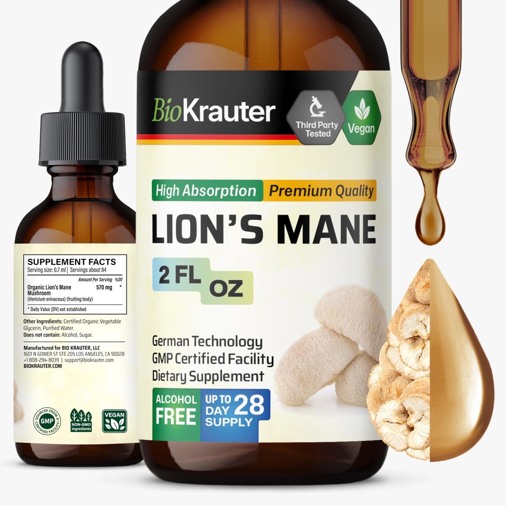 BIO KRAUTER Lions Mane Liquid Extract - Mushroom supplement til hjernestøtte - Vegan Lions Mane supplement - Alkohol & Sukker Free Drops - 2 Fl.Oz.