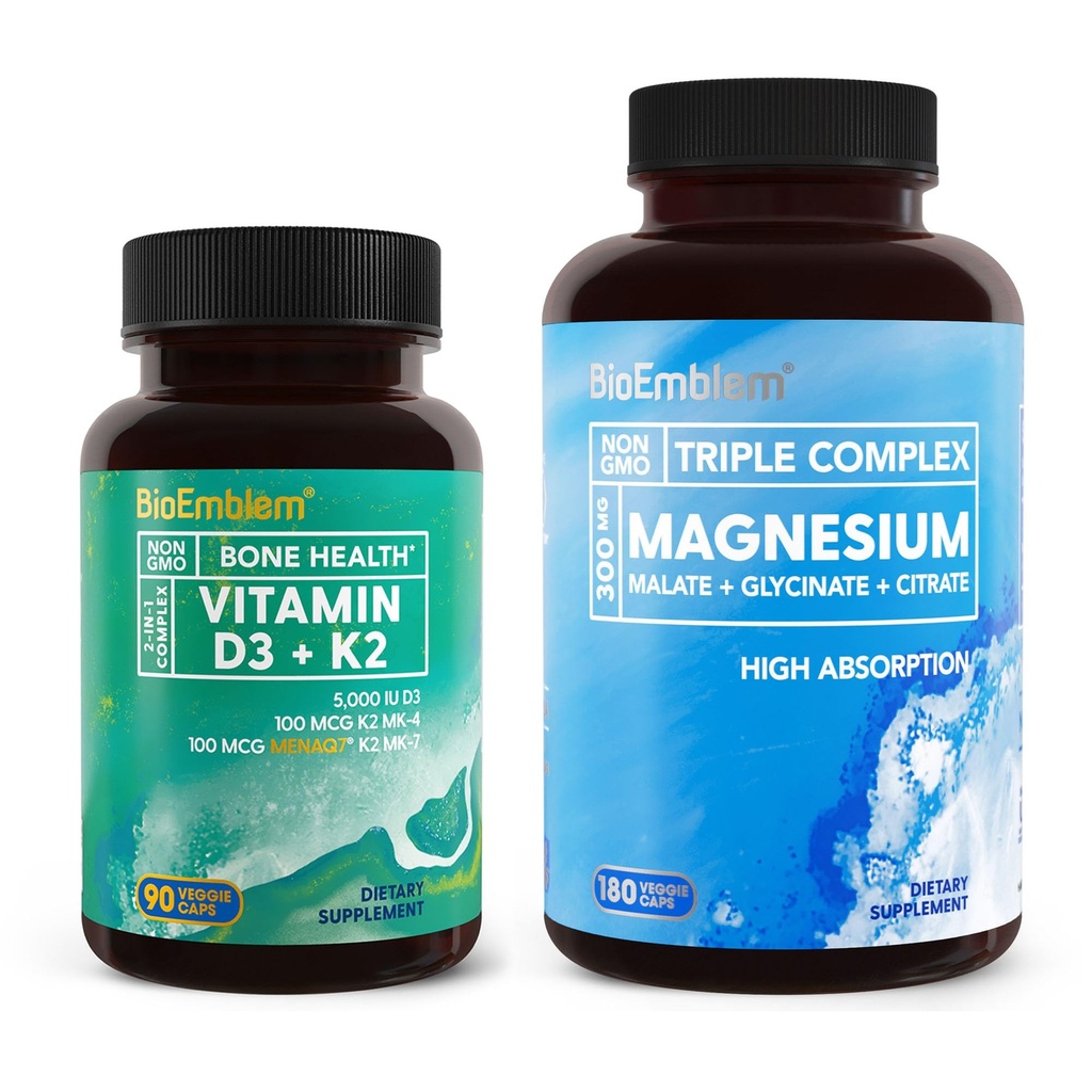 BioEmblem Triple Magnesium Complex 180 Capsules with Vitamin D3 K2 90 Capsules