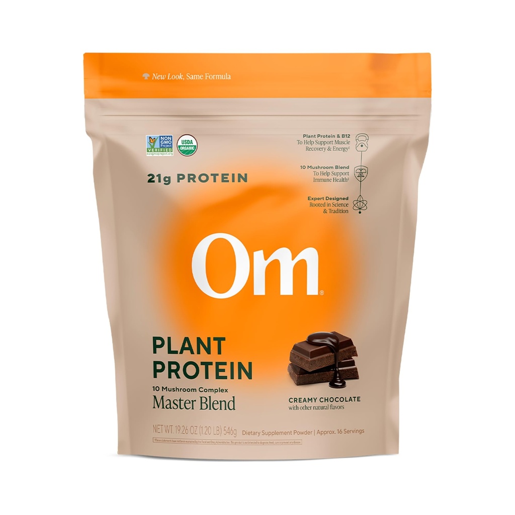 OM MUSHROOM SUPERFOOD Master Blend Vegan Protein – Organic Chocolate Plant Protein with 10 Mushrooms, Ashwagandha, BCAAs & B12 – Energy, Recovery & Immune Support – 1.2 lb (16 Servings)