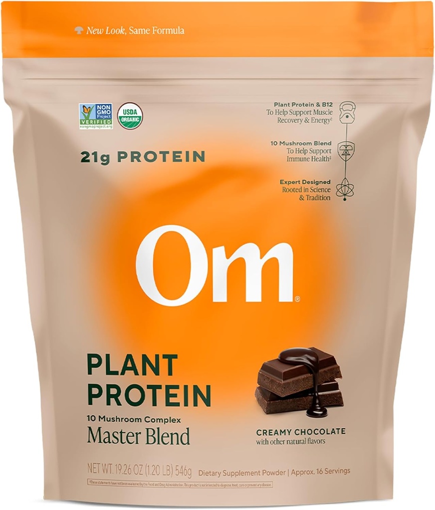 OM MUSHROOM SUPERFOOD Master Blend Vegan Protein - Organic Chocolate Plant Protein med 10 svampe, Ashwagandha, BCAAs & B12 - Energi, Inddrivelse og immunforsvar - 1.2 LB (16 Servere)