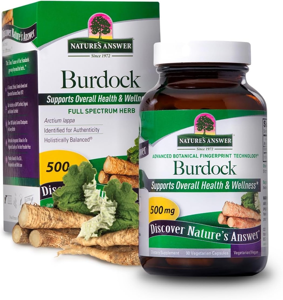 Naturens svar Burdock Root 500mg 90- Kapsler; 124; Natural Detoxifier • 124; Fremme blodcirkulation • 124; Fælles & Skin Support • 124; Lever & Nyre funktion • 124; Gluten- Free, Non- GMO, Vegan • 124; Enkelt antal