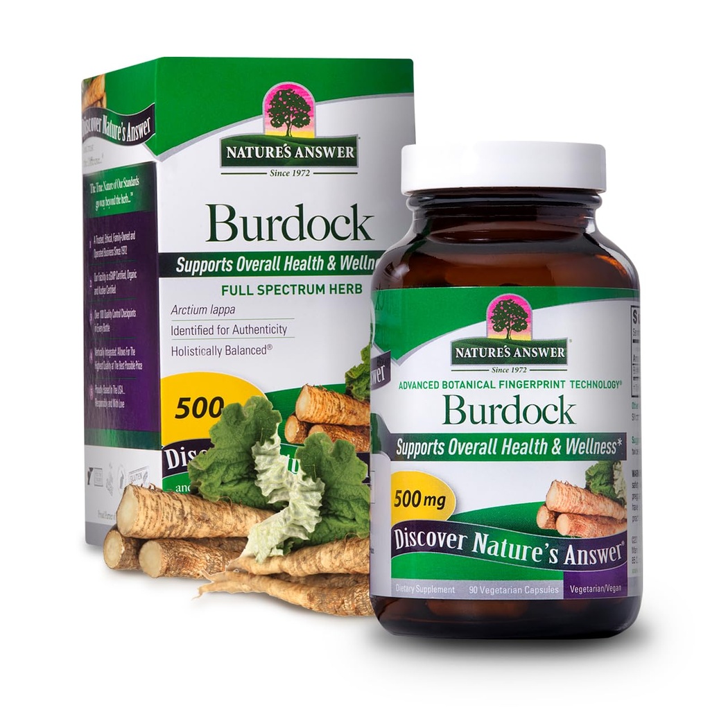 Naturens svar Burdock Root 500mg 90- Kapsler; 124; Natural Detoxifier • 124; Fremme blodcirkulation • 124; Fælles & Skin Support • 124; Lever & Nyre funktion • 124; Gluten- Free, Non- GMO, Vegan • 124; Enkelt antal