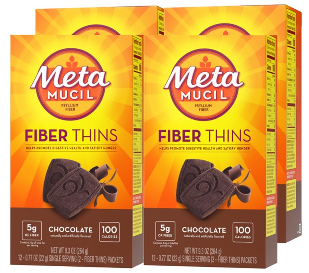 Metamucil, Fiber Thins, Daily Psyllium Husk Fiber Supplement, Understøtter fordøjelsessygdomme og tilfredsstiller sult, Chokolade Flavor, 48 Total Servering (4 pakker af 12)