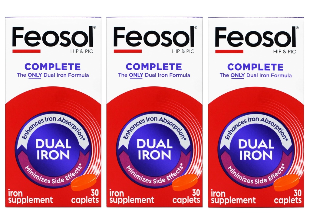 Feosol Bifera HIP & PIC jerntilskud, komplet - 30 kapsler, pakning med 3 stk.