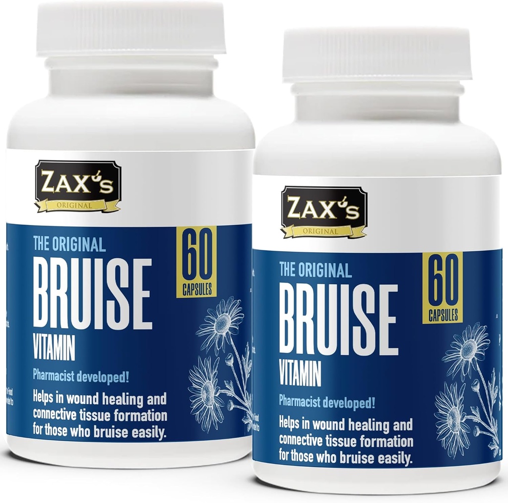 ZAX 'S ORIGINAL Bruise Vitamin 2 - Pack - Pharmacist-Udviklet Bruise Kosttilskud, Potent Hævelse & Bruise Reducer med zink, Vitamin K, D3, C, Citrus Bioflavonoider, 120 Caps, Par med Arnica Cream