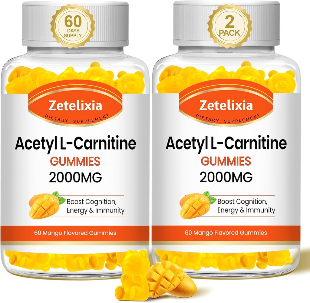 2 Pack Acetyl L- Carnitin Gummies, L- Carnitin Supplement for kvinder & mænd, Nutrition Supplement for boost energi, Immunitet & hjerne sundhed, Vegan, Non- GMO, Mango Flavor, 120 Greve