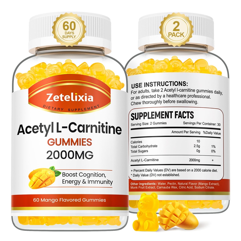 2 Pack Acetyl L- Carnitin Gummies, L- Carnitin Supplement for kvinder & mænd, Nutrition Supplement for boost energi, Immunitet & hjerne sundhed, Vegan, Non- GMO, Mango Flavor, 120 Greve