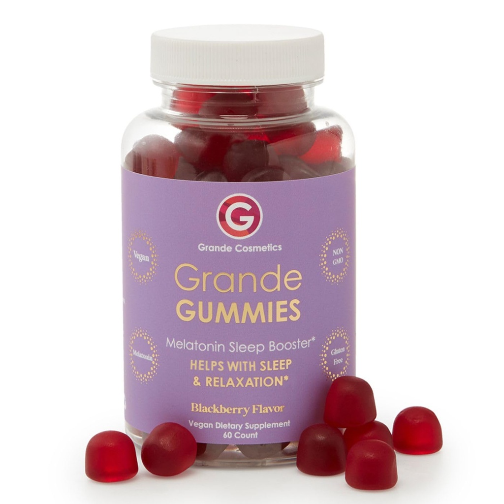 Grande Cosmetics Vegan Melatonin Sleep Aid Gummies for Voksne med 5mg Melatonin - Gluten Free, Non GMO - 2 Måned Supply, 60 Tablets, Blackberry Flavor