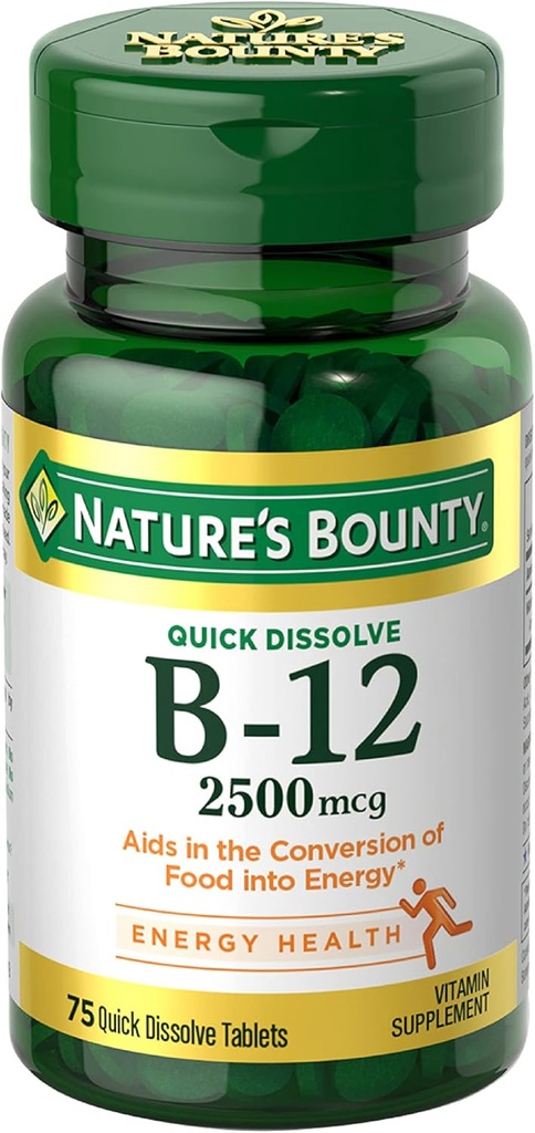 Nature 's Bounty Vitamin B12 2500 mcg, Cellular Energy Support, for Energy Metabolisme, Heart & Nervesystemet Sundhed, 75 Quick Opløs tabletter