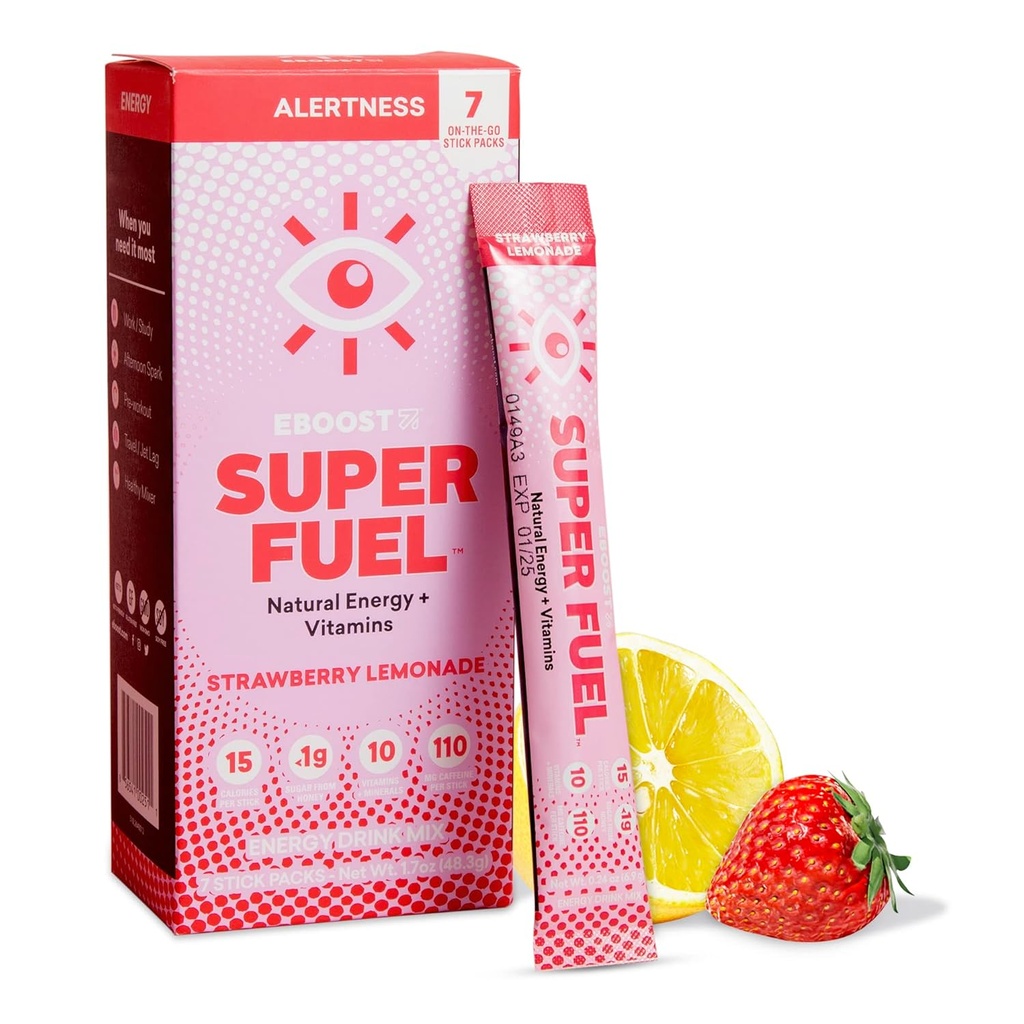 EBOOST Energy Drink Powder, Super Fuel - Strawberry Lemonade, 7 Packets - Pre- Workout Powder Energy Drink Mix - Natural Energy, L-Tyrosine, L-Theanine & Vitamin - Fortræning for kvinder & mænd at gå