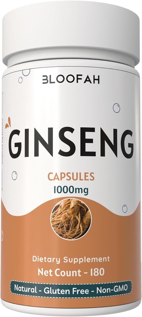 Ginseng Capsules 1000mg Powder Dex124; Panax Ginseng Herbal Supplement Dex124; Natural, Non- GMO, Gluten- Free for Daily Wellness (180 Count (pakke med 1))