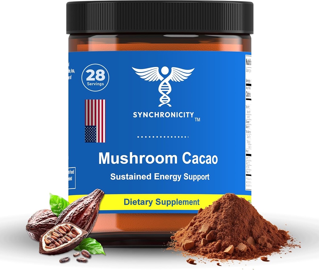 Mushroom Cacao Adaptogen Energy & Focus drik pulver supplement. Potent 8: 1 Lions Mane, Cordyceps & 3 Cocoa / Cacao Extract Blend fra Yale DRS. Alle naturlige kaffe Alt Nootrop & Nutrient Superfood