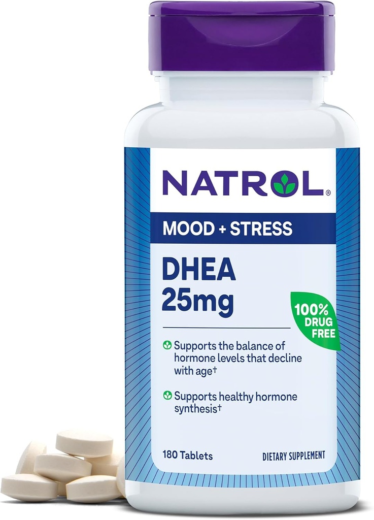 Natrol Mood & Stress DHEA 25mg med Calcium, Kosttilskud til Balance af visse Hormone Level og Mood Support, 180 tabletter, 180 dages forsyning