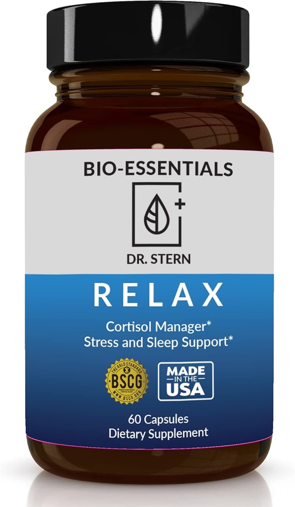 BIO- VÆSENTLIGE, Relax- Læge formuleret: Administrerer Stress, fremmer dyb søvn, Forbedrer Mood- W / Organic Holy Basil, Zink, Magnesium, Vitamin B6, Magnolia Bark, L- Theanine, Vegan- Made in USA- 60 Caps