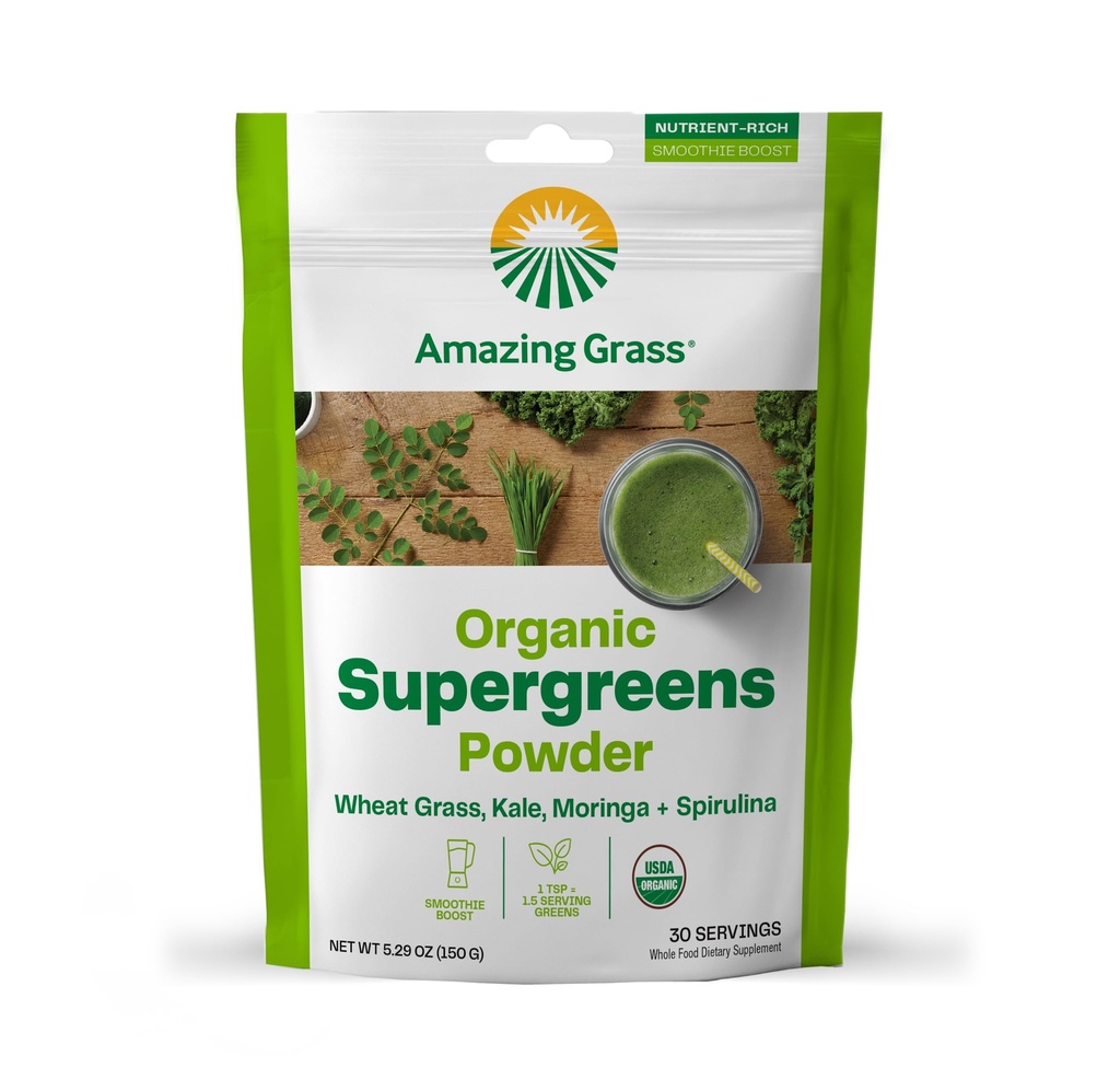 Amazing Grass Super Green Booster: Grønne Powder Smoothie Mix med Spirulina, Moringa, Hvede Græs & Kale Smoothie Booster, Chlorophyll giver grønne, 30 Servere
