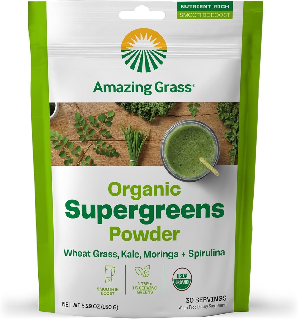 Amazing Grass Super Green Booster: Grønne Powder Smoothie Mix med Spirulina, Moringa, Hvede Græs & Kale Smoothie Booster, Chlorophyll giver grønne, 30 Servere
